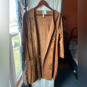 Fake leather knee length cardigan
